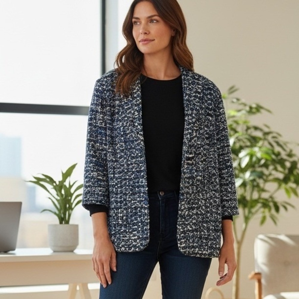Alfred Dunner Woman Blue White Textured Tweed Open Front Blazer Jacket 18W